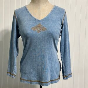 Vintage Xcit U.S.A. Top Women's Medium Blue Acid Wash Thermal Rhinestone Y2K